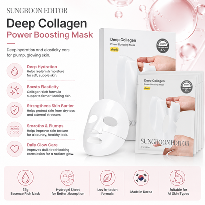 SUNGBOON EDITOR Deep Collagen Power Boosting Mask benefits showing hydration elasticity skin barrier care and radiant glow Korean skincare benefits.
