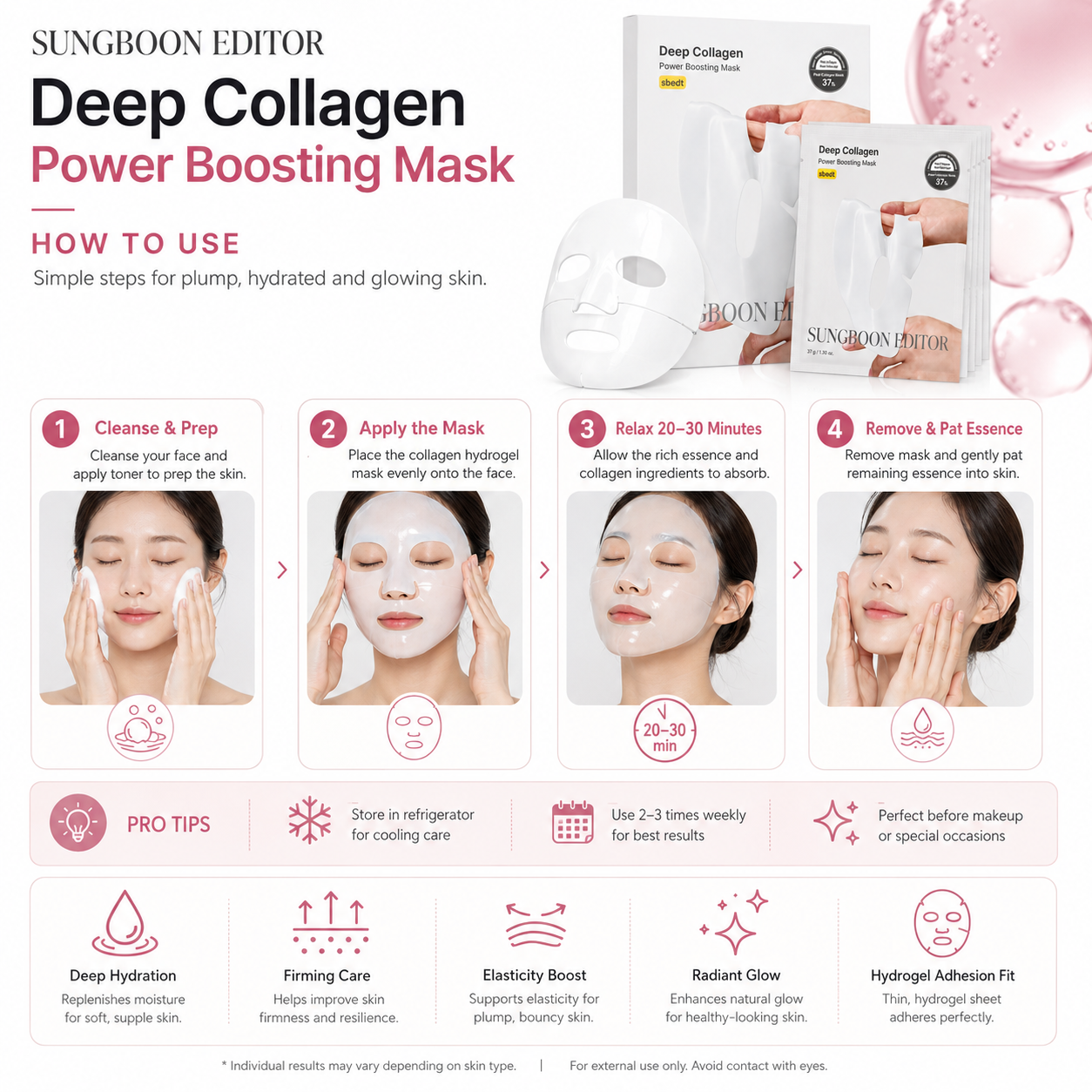 SUNGBOON EDITOR Deep Collagen Power Boosting Mask how to use showing collagen hydrogel sheet mask skincare routine and hydration care steps.