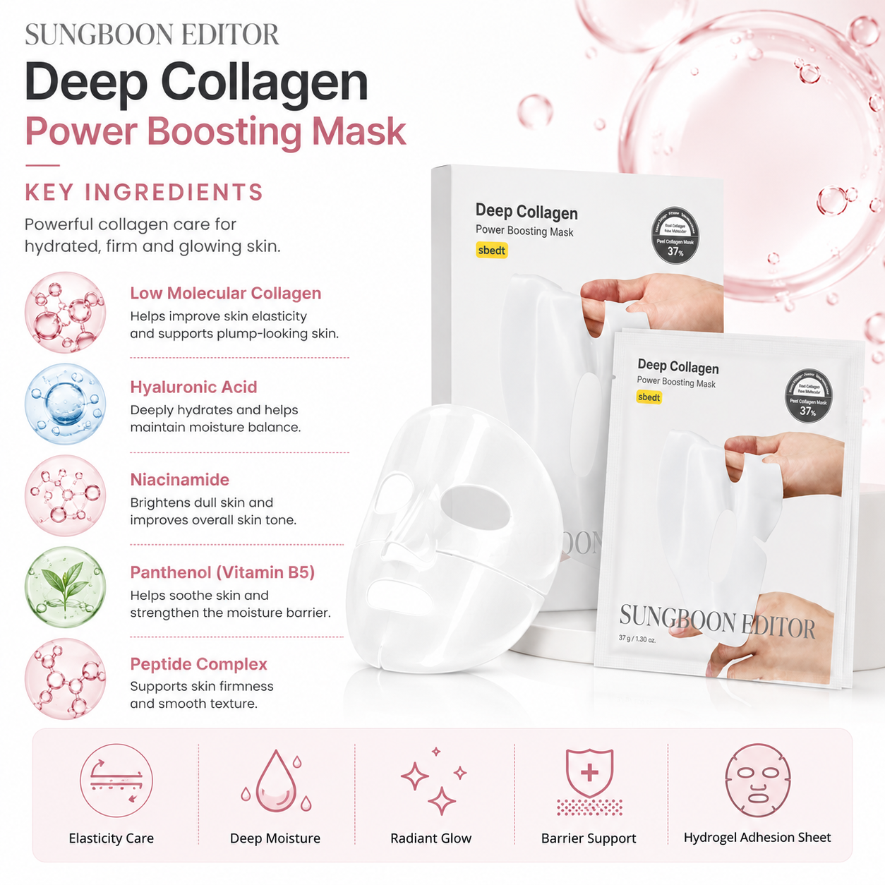 SUNGBOON EDITOR Deep Collagen Power Boosting Mask ingredients featuring collagen hyaluronic acid niacinamide panthenol and peptide complex for glowing skin.