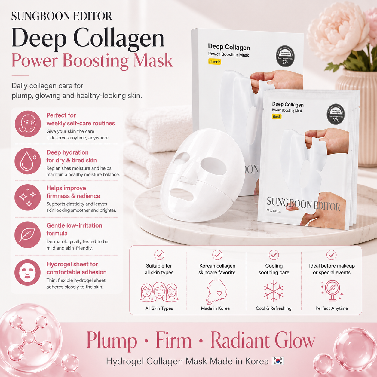 SUNGBOON EDITOR Deep Collagen Power Boosting Mask with hydrogel collagen sheet mask, hydration benefits, radiant glow skincare, and relaxing Korean self-care aesthetic.