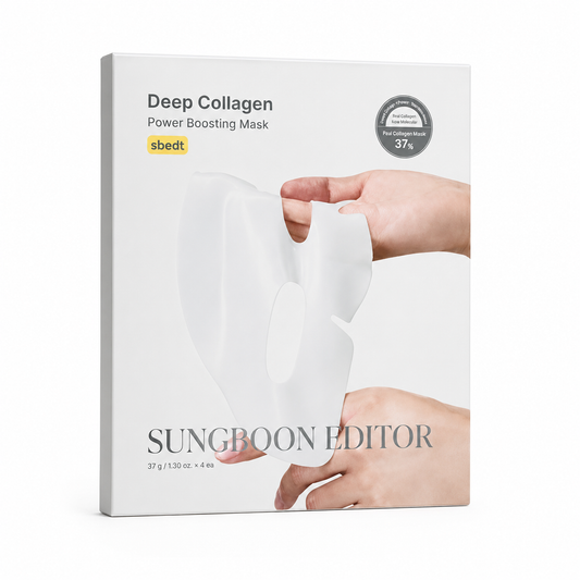 SUNGBOON EDITOR Deep Collagen Power Boosting Mask 4 Sheets Korean collagen sheet mask for hydration elasticity and glowing skin on white background.