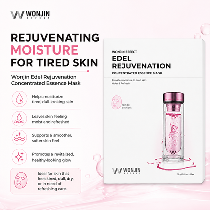 Wonjin Edel Rejuvenation Concentrated Essence Mask benefits infographic for tired, dull, dry and moisture-depleted skin