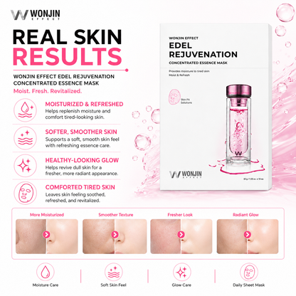 Wonjin Edel Rejuvenation Concentrated Essence Mask skin results infographic for moisturized, refreshed, smoother and glowing-looking skin