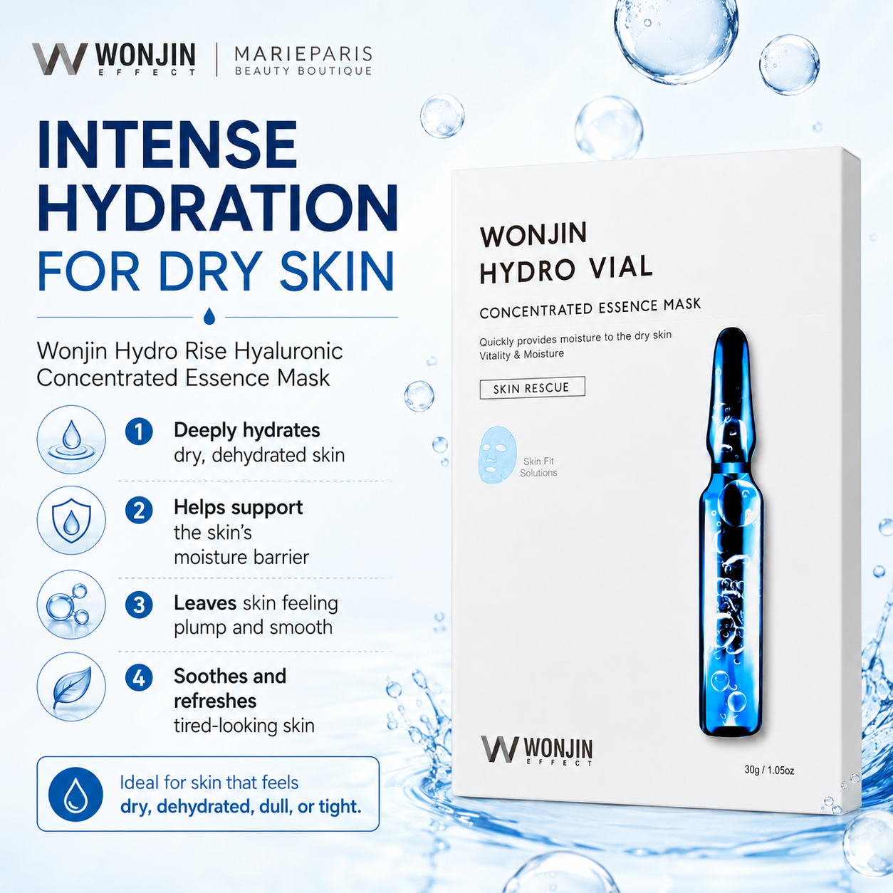 Wonjin Hydro Rise Hyaluronic Concentrated Essence Mask benefits infographic for dry, dehydrated, dull and tight skin