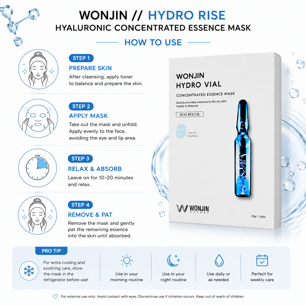 How to use Wonjin Hydro Rise Hyaluronic Concentrated Essence Mask step-by-step skincare infographic