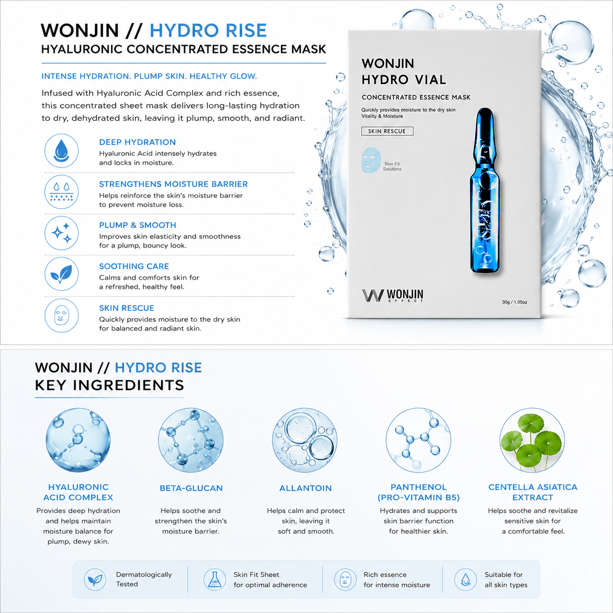 Key ingredients of Wonjin Hydro Rise Hyaluronic Concentrated Essence Mask with hyaluronic acid complex, beta-glucan, allantoin, panthenol and centella asiatica extract